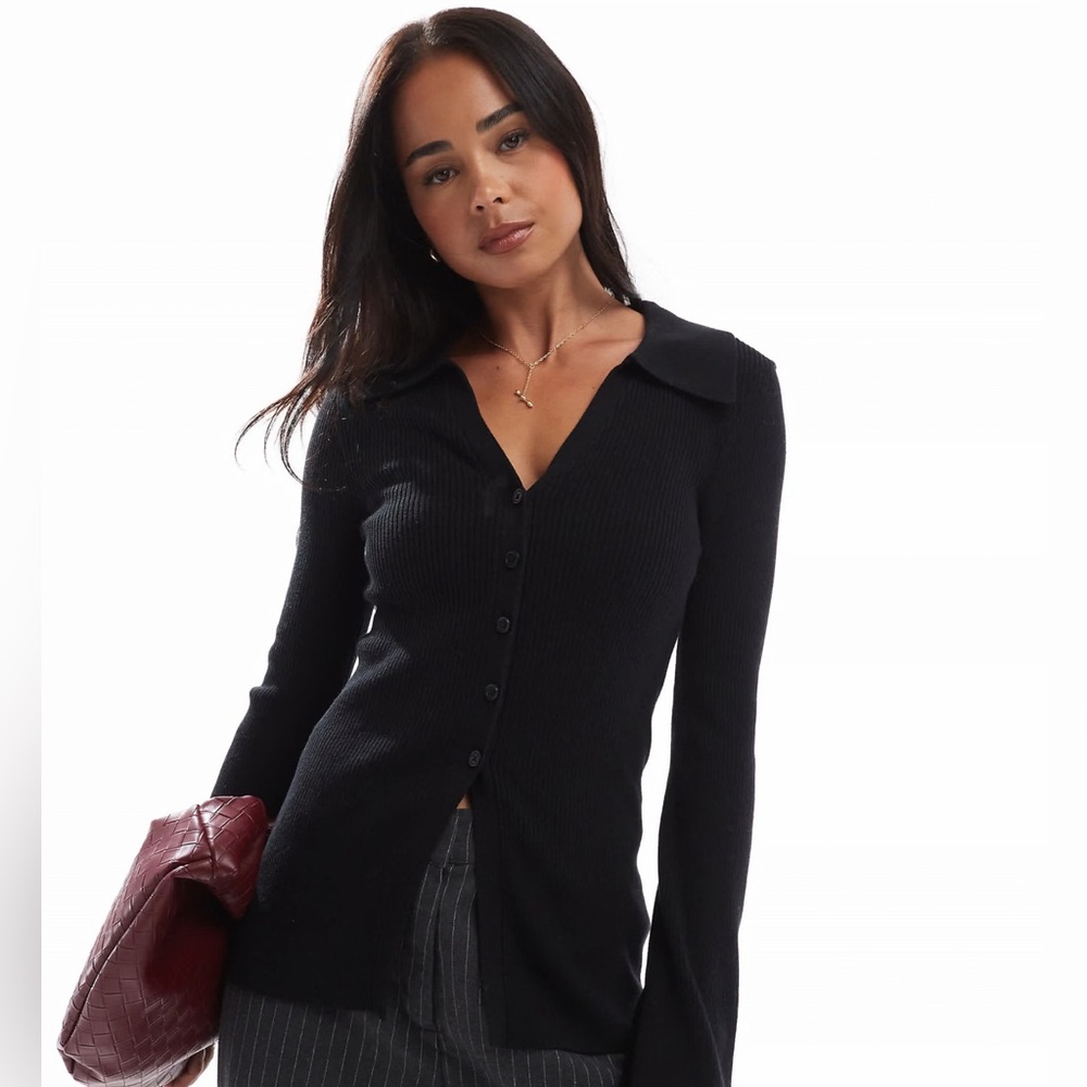 ASOS DESIGN Ribbed V-Neck Collared Cardigan in Black